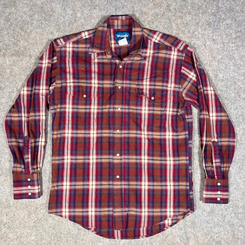 Vintage Wrangler Western Shirt Mens L Red Plaid Pearl Snap Long Sleeve Yoke